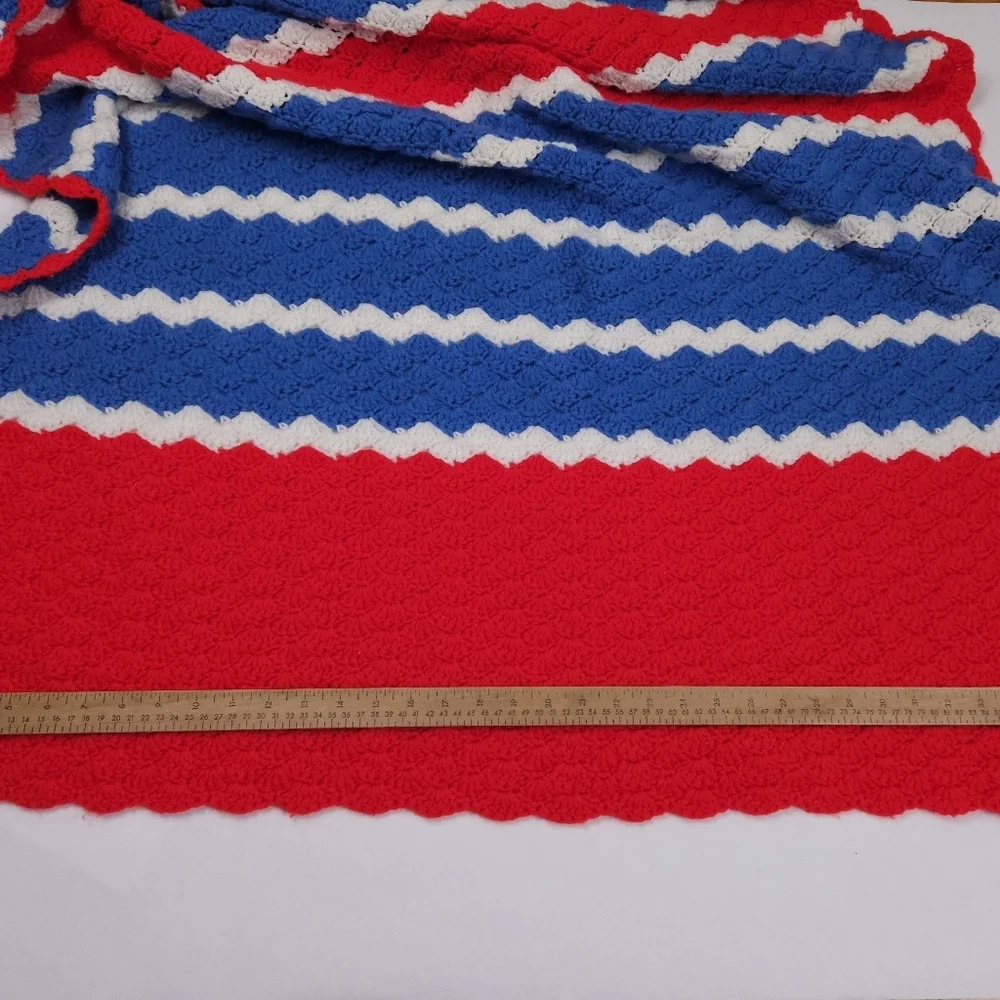 Handmade Vintage Crocheted Blanket Afghan Red White Blue Stripes 69x40 Inches